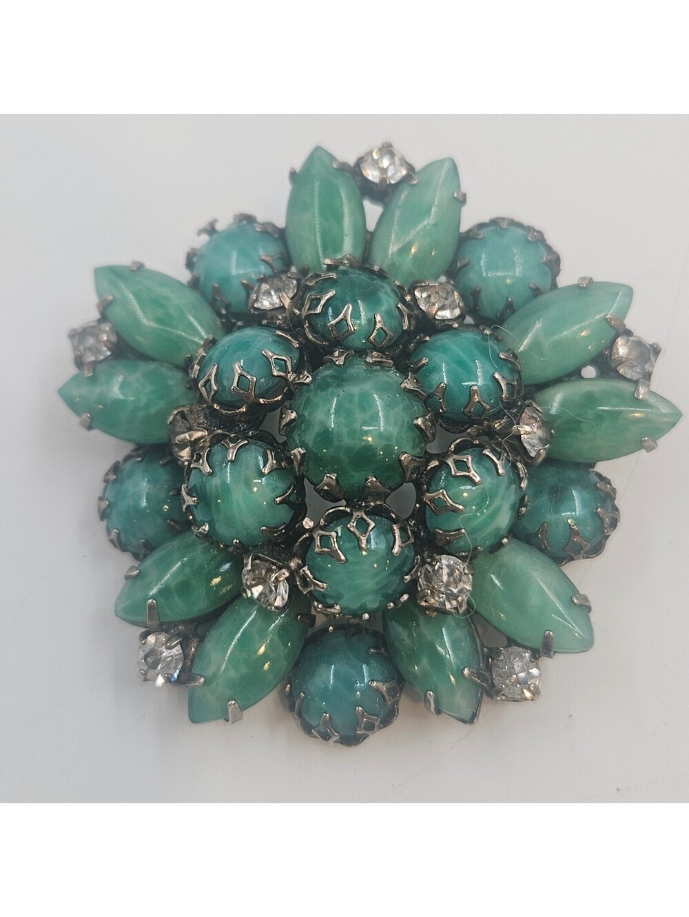 Vintage Green Peking Style Glass Faux Jade Floral Brooch Pin Statement Piece